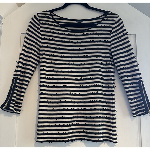 Ann Taylor Womens Knit Sweater Size XS Black White Striped Scoop Neck Sequins - Picture 2 of 9